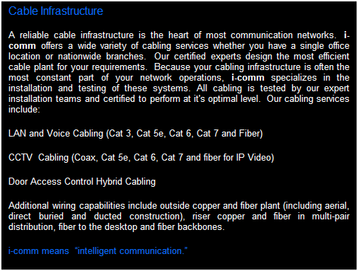 Text Box: Cable Infrastructure
A reliable cable infrastructure is the heart of most communication networks.  i-comm offers a wide variety of cabling services whether you have a single office location or nationwide branches.  Our certified experts design the most efficient cable plant for your requirements.  Because your cabling infrastructure is often the most constant part of your network operations, i-comm specializes in the installation and testing of these systems. All cabling is tested by our expert installation teams and certified to perform at it's optimal level.  Our cabling services include: 
LAN and Voice Cabling (Cat 3, Cat 5e, Cat 6, Cat 7 and Fiber)
CCTV  Cabling (Coax, Cat 5e, Cat 6, Cat 7 and fiber for IP Video)
Door Access Control Hybrid Cabling
Additional wiring capabilities include outside copper and fiber plant (including aerial, direct buried and ducted construction), riser copper and fiber in multi-pair distribution, fiber to the desktop and fiber backbones.
i-comm means  intelligent communication. 
